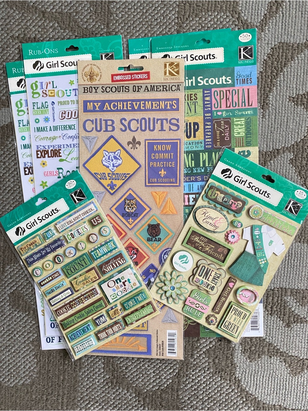Large Lot Girl Scouts Boy Scouts Stickers & Embellishments  New Sealed 7 Pkgs